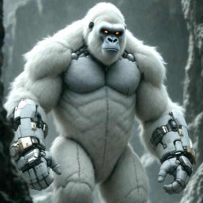 The primary subject of the image is a large, muscular gorilla with a chain around its neck. The gorilla is standing in a rocky, mountainous environment, which serves as the setting for the scene. The visual style of the image is a combination of photo and digital art, creating a unique and intriguing appearance. The dominant colors in the image are gray and white, which contribute to the overall mood of the scene.